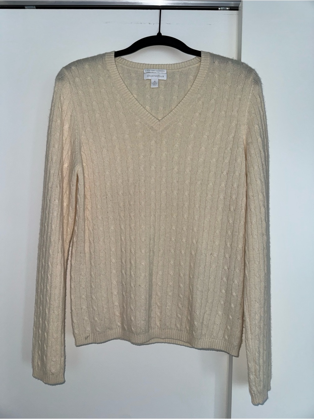 Charter Club Cream Cable V-Neck Pullover Sweater 100% Cashmere